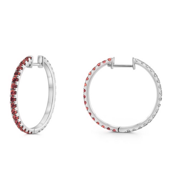 14K White Gold Diamond and Ruby Reversible Hoop Earrings