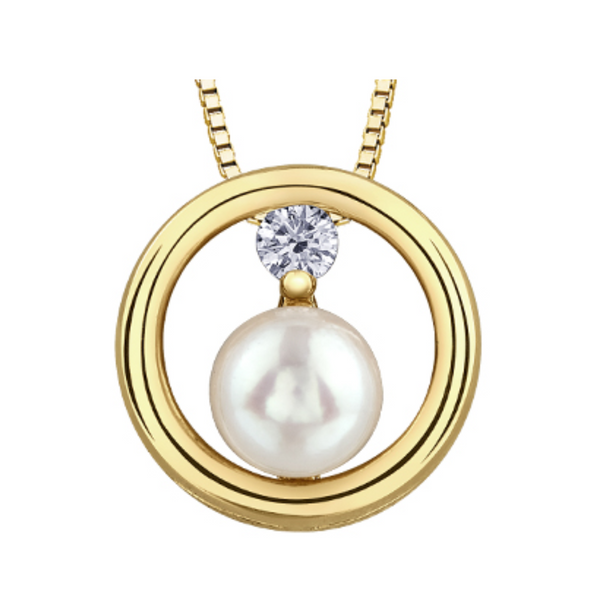 10k yellow gold diamond and pearl round pendant on chain