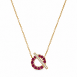 14K Yellow Gold .07CTW Diamond & Ruby Cirble Pendant With Bar Necklace