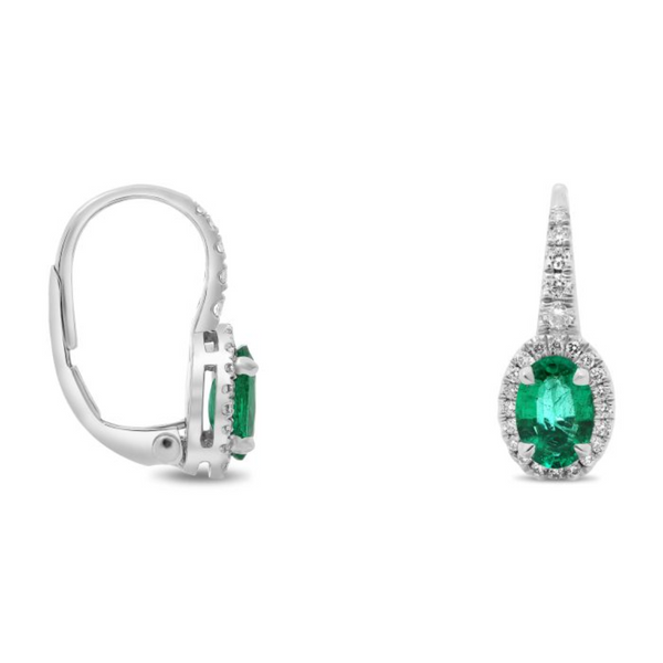18K White Gold Diamond & Emerald Halo Earrings