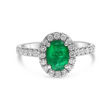 18K White Gold Diamond & Emerald Halo Ring