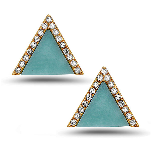14K Yellow Gold Diamond & Turquoise Triangular Stud Earrings