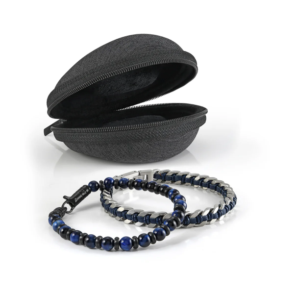 Italgem Combo Blue Tiger Eye Beaded & Leather Bracelets w Travel Case