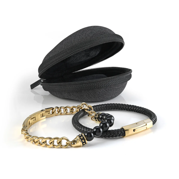 Italgem Combo Braided Black Leather & GP Agate Beaded Bracelet w Travel Case