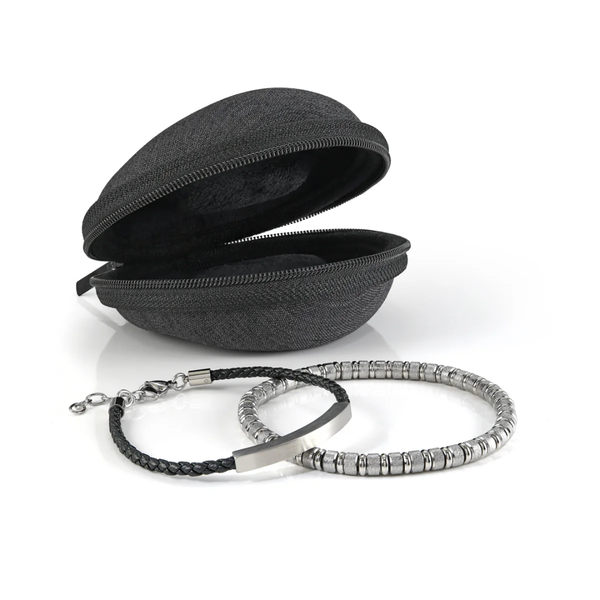 Italgem Combo Braided Black Leather & Beaded Bracelet w Travel Case