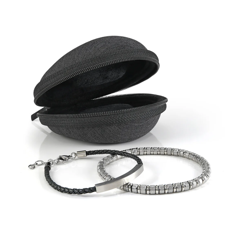 Italgem Combo Braided Black Leather & Beaded Bracelet w Travel Case