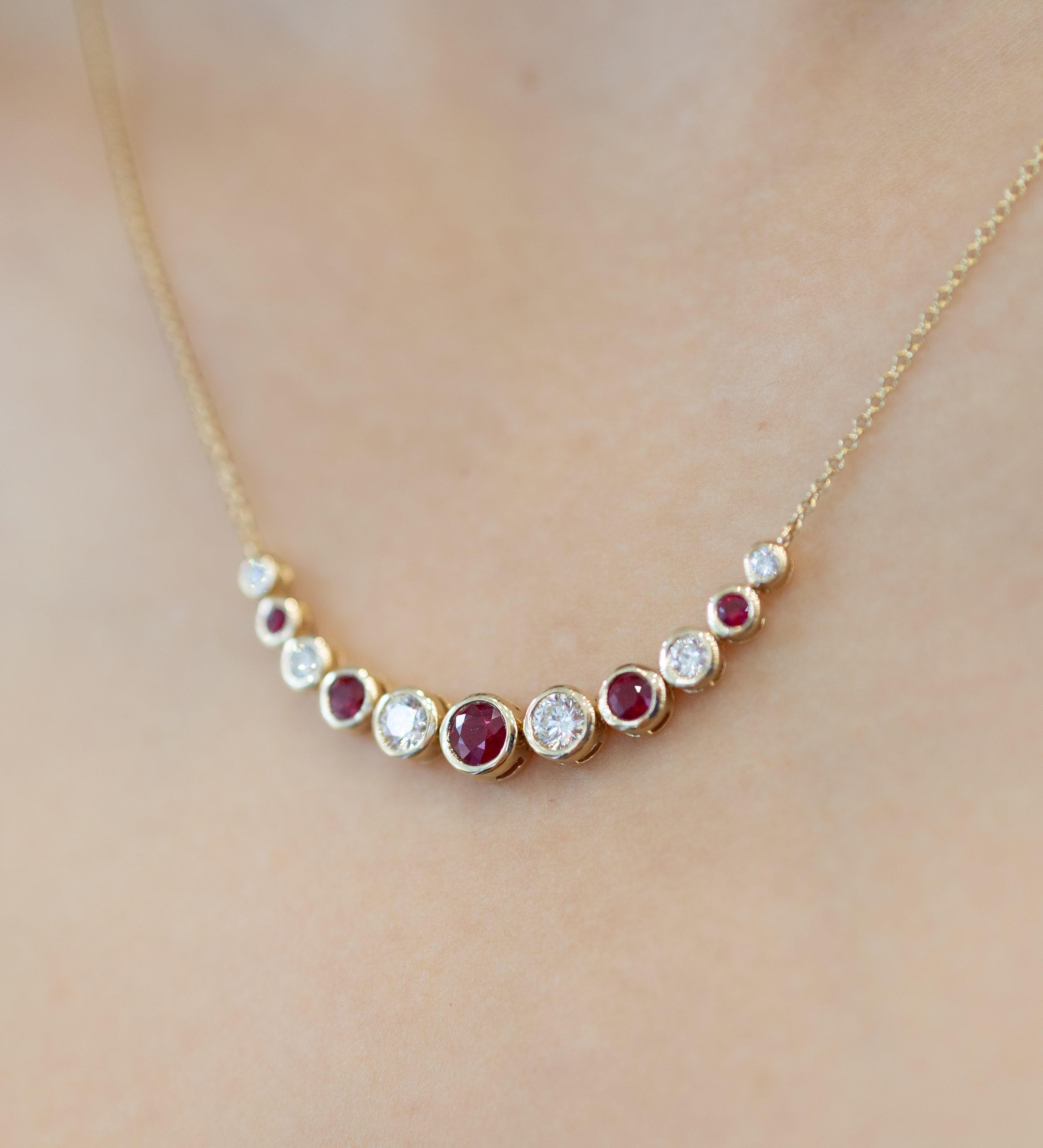 14k Yellow Gold .70CTW Diamond and Ruby Bezel Set Graduated Necklace