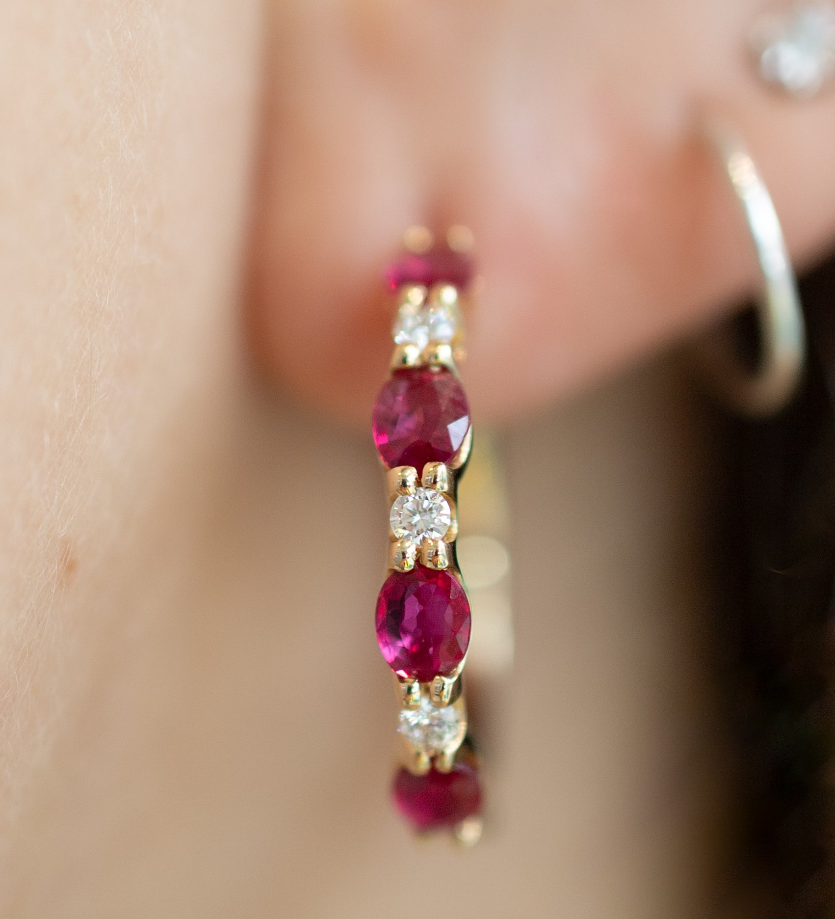 14K Yellow Gold .18CTW Diamond & Ruby Hoops