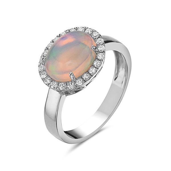 14K White Gold Diamond & Opal Ring