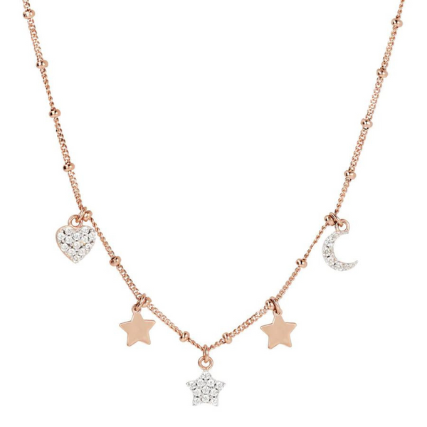 Bronzallure 18K Rose Gold Plated Multi Charm Moon & Stars Necklace