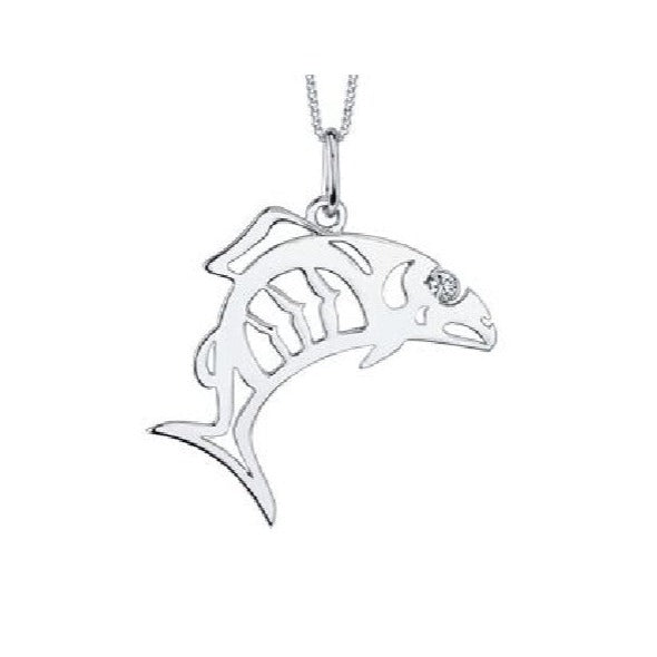 10K White Gold Canadian Diamond Salmon Pendant on Chain