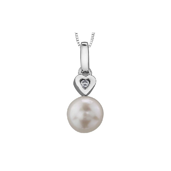 10K White Gold Pearl & Diamond Pendant on Chain