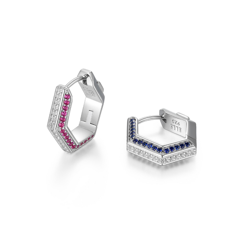 Elle 'Cheer' Sterling Silver Rhodium-plated Sapphire, Ruby and White Sapphire Hexagon Hoops
