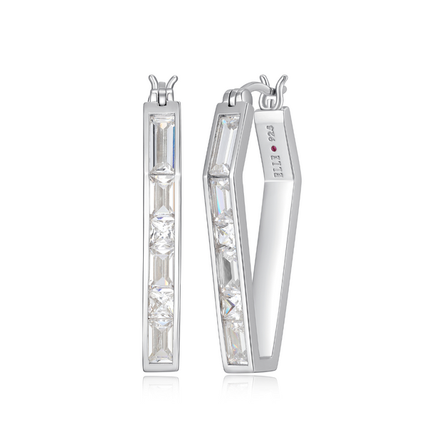 Elle Sterling Silver Rhodium-plated Straight Baguette and Square Cubic Zirconia Elongated Hexagon Hoop