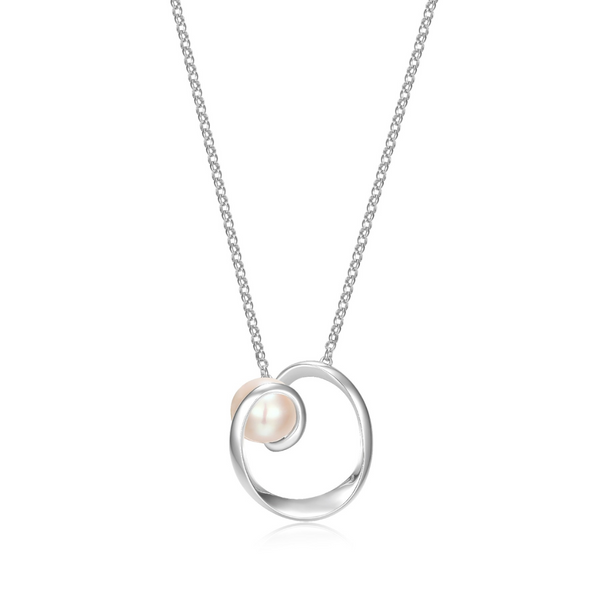 Elle Sterling silver "Luna" Rhodium plated Off Round White Pearl Circle Necklace