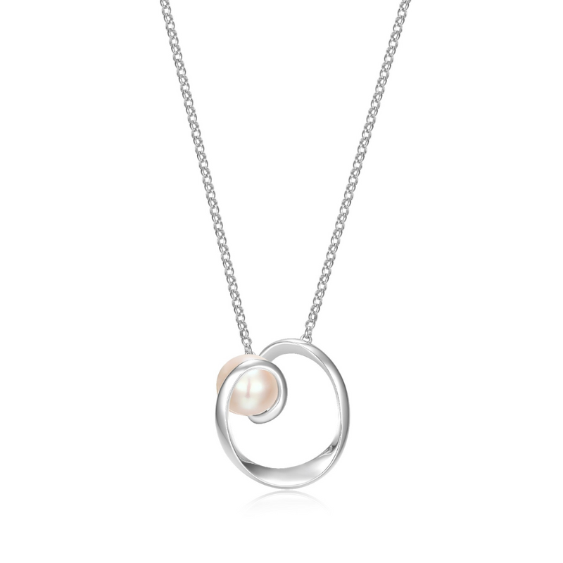 Elle Sterling silver "Luna" Rhodium plated Off Round White Pearl Circle Necklace