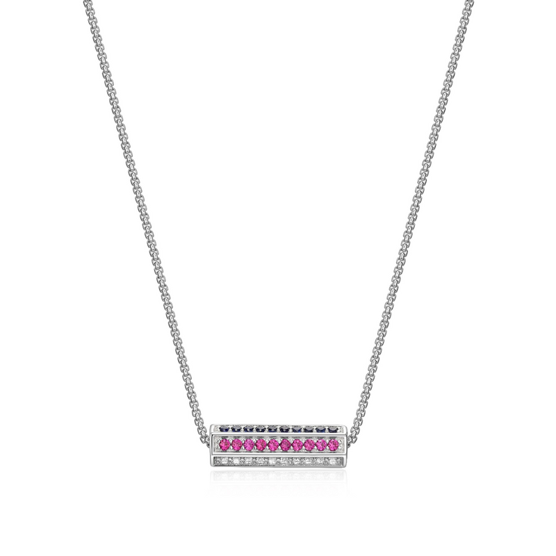 Elle Stainless steel "Cheer" Rhodium plated Sapphire, Ruby and White Sapphire Hexagon Pillar Necklace