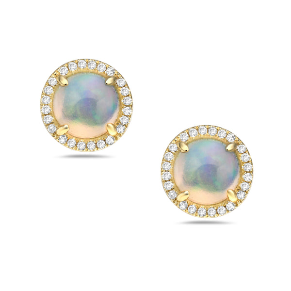 14K Yellow Gold Diamond & Opal Halo Stud Earrings