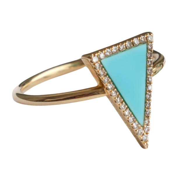 14K Yellow Gold Diamond & Turquoise Triangular Ring