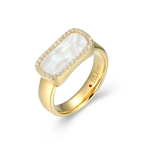 ELLE "ALLURE" Gold Plated Genuine White Mother of Pearl and Cubic Zirconia Halo Ring