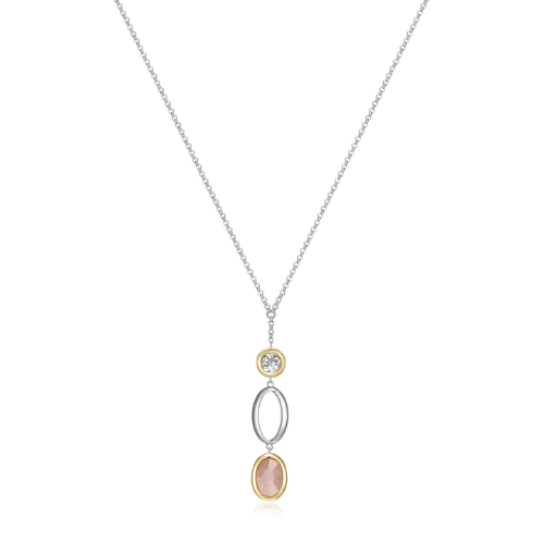 ELLE "MIRAGE" Rhodium and Gold Plated Two-Tone Genuine Oval Rose Quartz & Round White Topaz Necklace