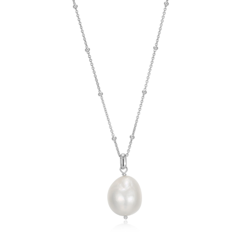ELLE "GENSIS" Rhodium Plated Genuine Oval White Pearl Necklace with Beaded Chain