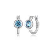 ELLE "MIRAGE" Rhodium Plated 16mm Hoops with Genuine Blue Topaz Rounded Bezel Set Earrings