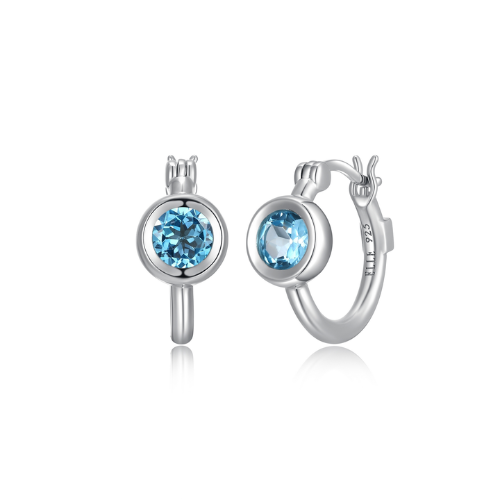 ELLE "MIRAGE" Rhodium Plated 16mm Hoops with Genuine Blue Topaz Rounded Bezel Set Earrings