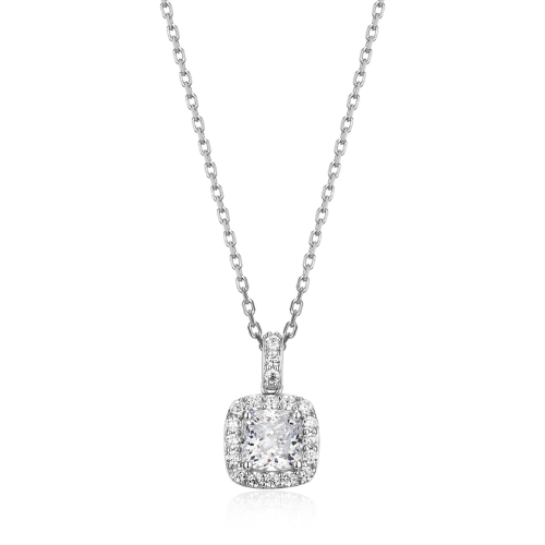 ELLE "RADIANCE" Rhodium Plated 6mm Cushion Clear Cubic Zirconia Halo Necklace