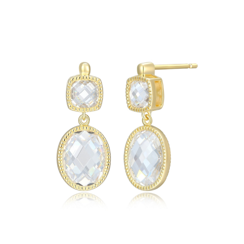 ELLE "ESSENCE" Gold Plated Checkerboard Cut Oval & Cushion cut Cubic Zirconia Stud Earrings