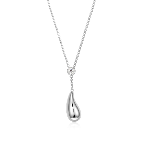 ELLE "RAINDROP" Rhodium Plated Round Bezel Set Cubic Zirconia & Puffy High Polish Raindrop Necklace