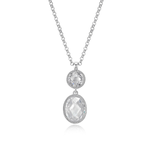 ELLE "ESSENCE" Rhodium Plated Checkerboard Cut Oval &amp; Round Cubic Zirconia Necklace