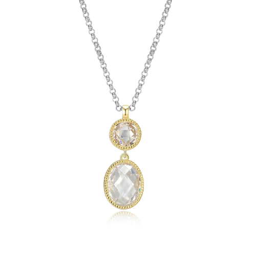 ELLE "ESSENCE" Rhodium and 18K Gold Plated Checkerboard Cut Oval & Round Cubic Zirconia Necklace