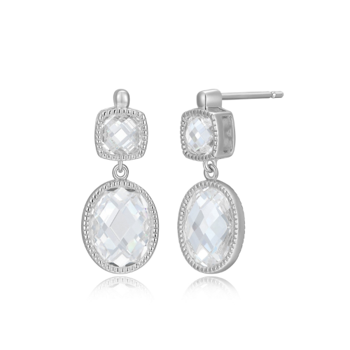 ELLE "ESSENCE" Rhodium Plated Checkerboard Cut Oval & Cushion Cubic Zirconia Stud Earrings