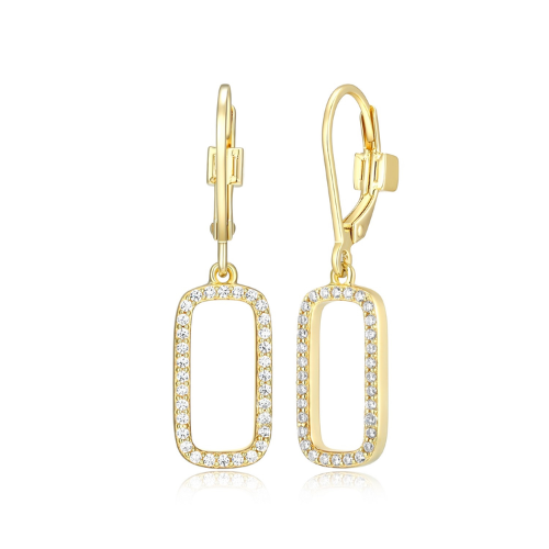 ELLE "ALLURE" 18K Gold Plated Open Rectangle Cubic Zirconia Halo Dangle Leverback Earrings