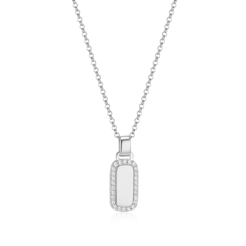 ELLE "ALLURE" Rhodium Plated Cubic Zirconia Halo Dog Tag with Rolo Chain