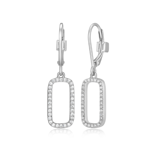 ELLE "ALLURE" Rhodium Plated Open Rectangle Cubic Zirconia Halo Dangle Earrings