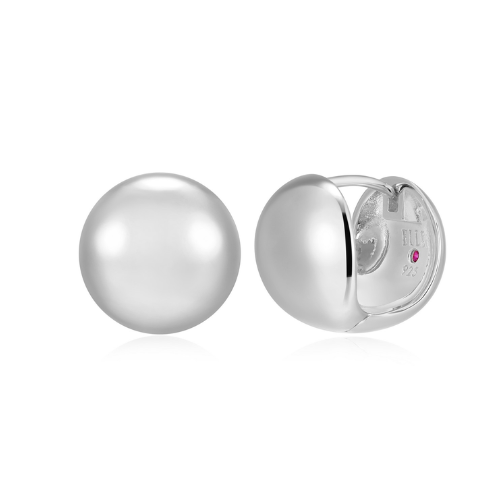 ELLE "GENESIS" Rhodium Plated High Polish Silver Ball Huggie Hoop Earrings