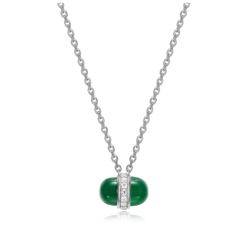 ELLE "Pivot" Rhodium plated Round Light Green Agate & Cubic Zirconia Necklace