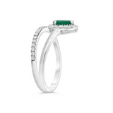 14K White Gold Pear shaped Emerald & .30ctw Diamond Halo Ring with Diamond Band