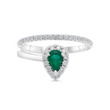 14K White Gold Pear shaped Emerald & .30ctw Diamond Halo Ring with Diamond Band