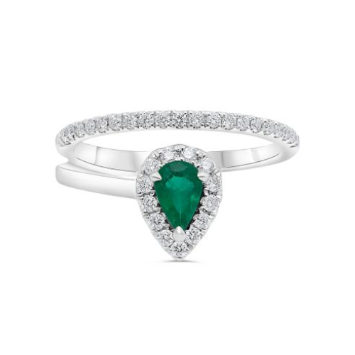 14K White Gold Pear shaped Emerald & .30ctw Diamond Halo Ring with Diamond Band