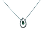14K White Gold 16/17/18" Pear shaped Emerald & .08ctw Diamond Pendant on Chain