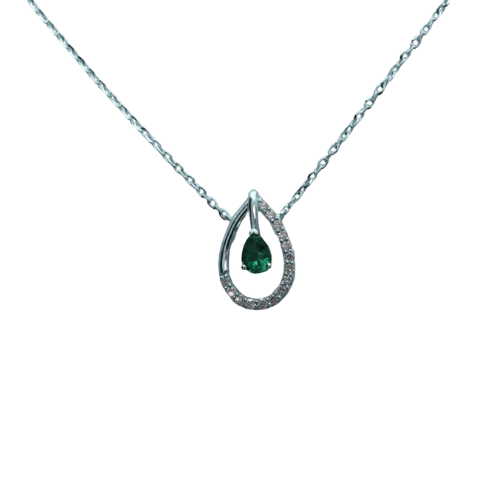 14K White Gold 16/17/18" Pear shaped Emerald & .08ctw Diamond Pendant on Chain