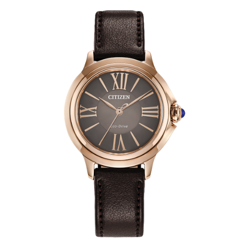 Citizen Ceci Rose-Gold Tone Watch with Brown Leather Strap and Dial