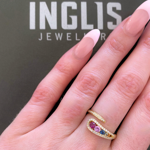 14K Yellow Gold .14ctw Diamond & Graduated Multi Coloured Sapphire Open Ring