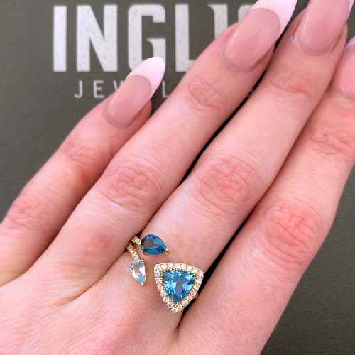 14K Yellow Gold .21ctw Round Brilliant Diamond & Multi Coloured & Shaped Blue Topaz Ring
