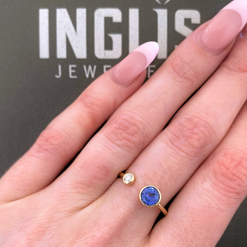 14K Yellow Gold Sapphire & .10ct Diamond Bezel Open Ring