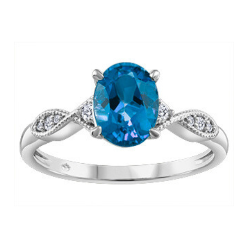 10K White Gold Oval Blue Topaz & .06ctw Diamond Ring
