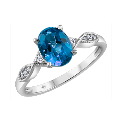 10K White Gold Oval Blue Topaz & .06ctw Diamond Ring